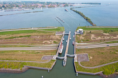 High angle view of road by sea