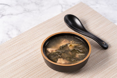 High angle view of soup in bowl on table