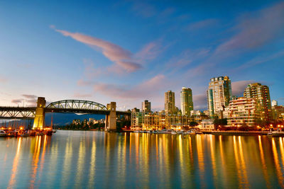 Illuminated bridge over river and buildings against sky