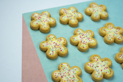 High angle view of christmas cookies on table
