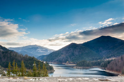 Scenic view of lake and mountains against sky