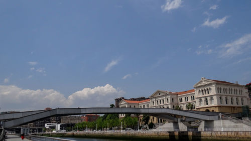 Bridge over river by buildings against sky