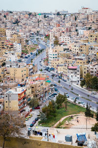 High angle view of street and buildings in city