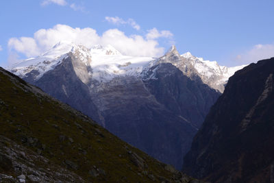 Scenic view of snowcapped mountains against sky