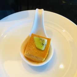 High angle view of dessert in plate on table