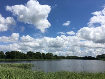 Scenic view of lake against cloudy sky