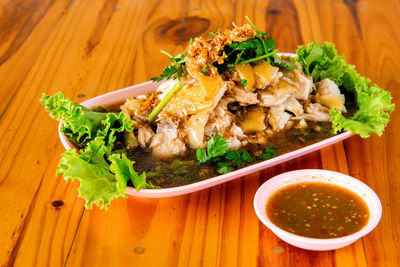 High angle view of meal served on table