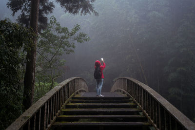 Rear view of man walking on footbridge in forest