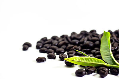 Close-up of coffee beans against white background