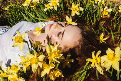 High angle view of girl by flowering plants