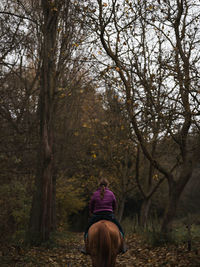 Rear view of man with dog walking in forest