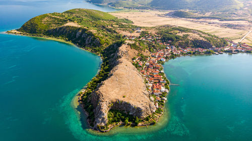 High angle view of sea and mountains