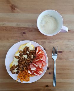 High angle view of breakfast served on table