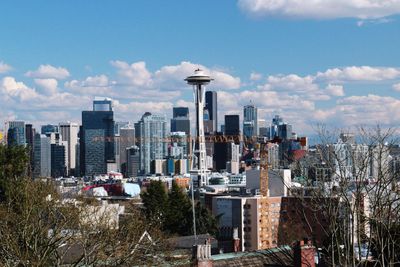 View of cityscape against cloudy sky