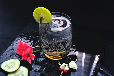 High angle view of drink on table