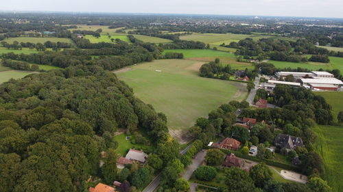 High angle view of trees and buildings