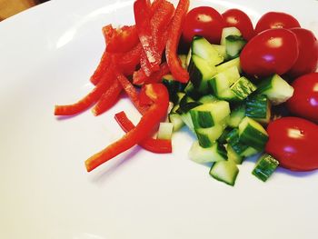 High angle view of chopped vegetables in plate