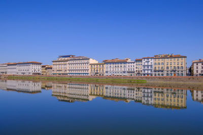 Reflection of buildings in lake against clear blue sky