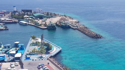 High angle view of boats in sea