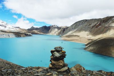 Scenic view of lake and mountains against sky