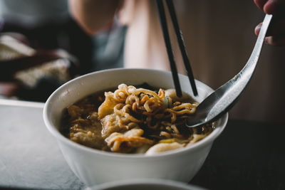 Close-up of soup in bowl on table