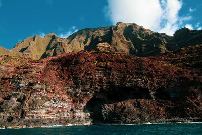 Rock formations by sea against sky