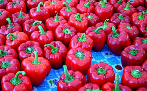 High angle view of tomatoes for sale at market stall