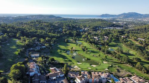 High angle view of golf field against sky. royal mougins golf club.