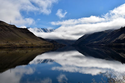 Scenic view of lake and mountains against sky