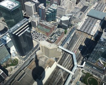 High angle view of modern buildings in city