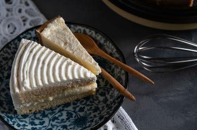 High angle view of cake in plate on table