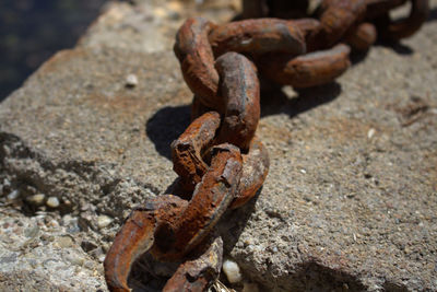 Close-up of rusty metallic chainlink fence on sunny day