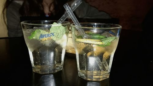 Close-up of beer glass on table