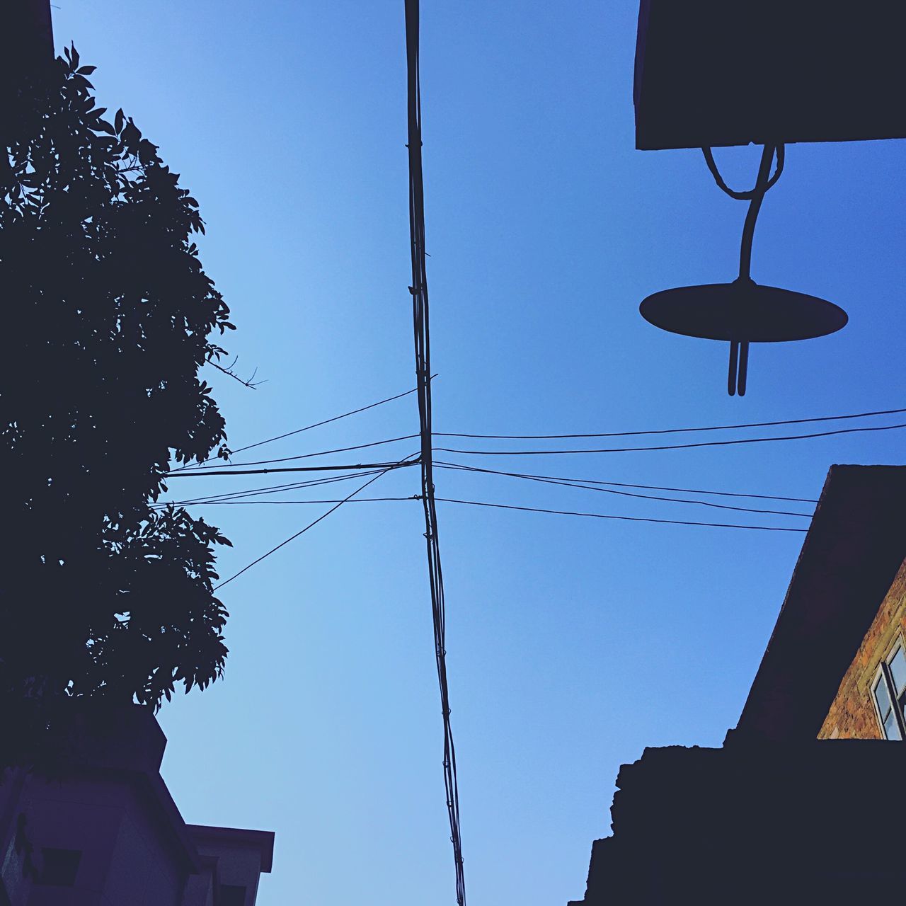 low angle view, building exterior, architecture, built structure, power line, silhouette, clear sky, cable, street light, electricity, bird, sky, blue, power cable, electricity pylon, building, lighting equipment, outdoors, house, no people