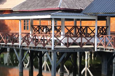 Bridge over river against buildings in city