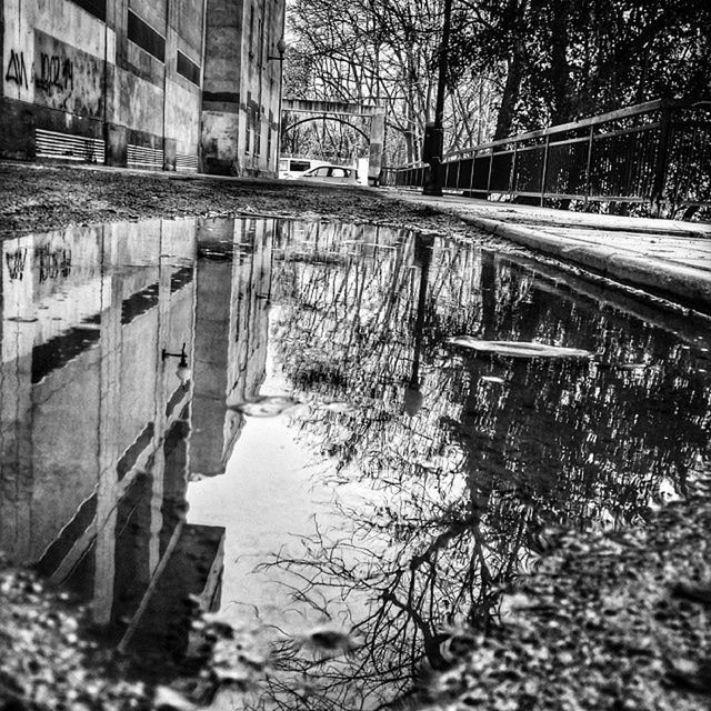 architecture, built structure, building exterior, water, tree, reflection, canal, house, residential building, puddle, residential structure, bare tree, waterfront, bridge - man made structure, day, season, footbridge, building, connection, outdoors