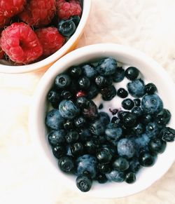 High angle view of raspberries in bowl on table