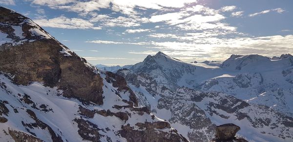 Scenic view of snowcapped mountains against sky