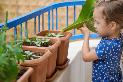 Concentrated little girl waters homegrown greenery with a green garden watering can at balcony