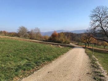 Road amidst field against clear sky