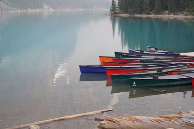 Colorful boats moored on lake