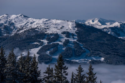 Aerial view of snowcapped mountains against sky