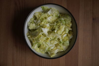 High angle view of salad in bowl on table