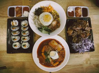 Directly above shot of meal served on table