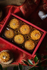 High angle view of dessert in box
