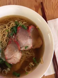 High angle view of soup in bowl on table