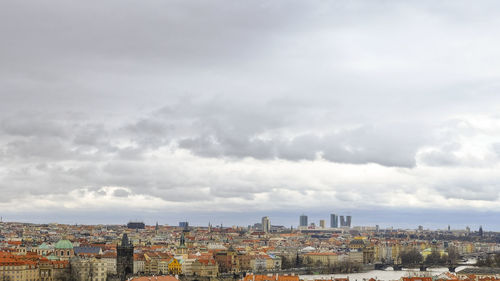 Landscape top view of famous prague city skyline buildings,european landmarks,travel destinations