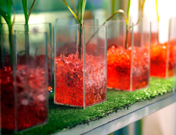 Close-up of red glass on table