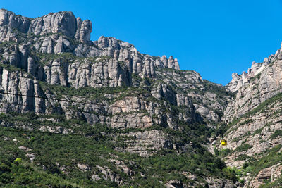 Low angle view of rocky mountains against clear blue sky