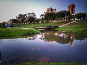 Reflection of trees in water against sky